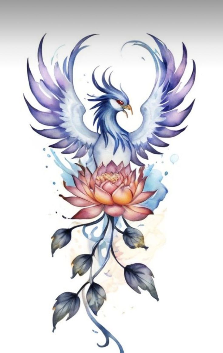 a bird with wings and flowers on it's back is painted in watercolor