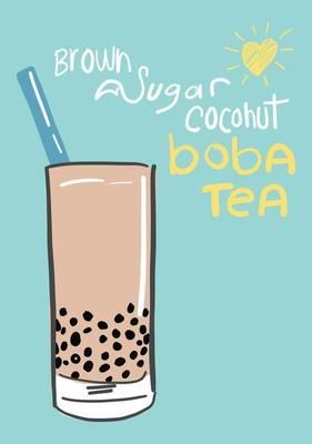 a drink with a straw in it and the words brown sugar coconut boba tea