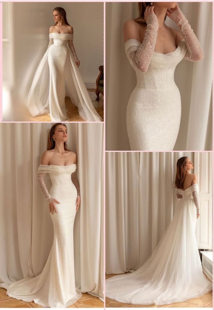 a collage of photos showing the back and side of a woman in a wedding dress