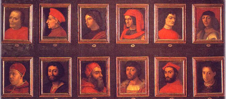 many portraits of men with beards and wearing red hats are shown in an ornate frame