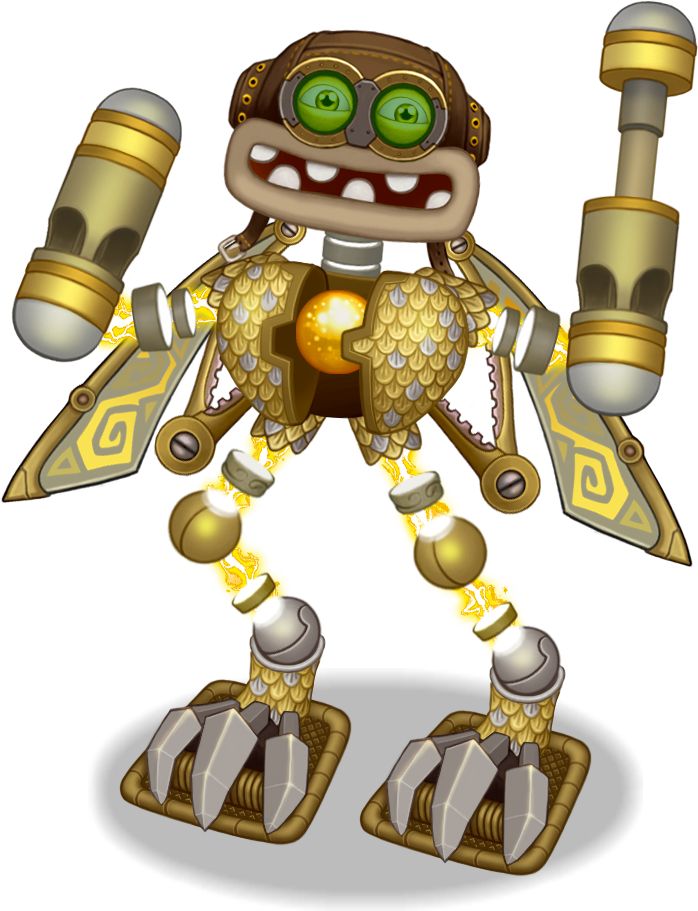 a cartoon robot with green eyes and gold armor