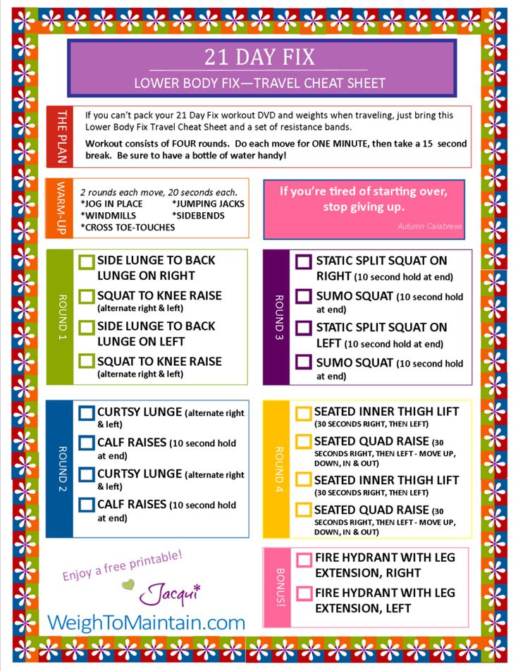 21 Day Fix Workout - Lower Body Fix Printable PDF - Travel Cheat Sheet 21 Day Fix Snacks, 21 Day Fix Workouts, Workout Sheets, 21 Day Fix Breakfast, Beachbody 21 Day Fix, 21 Day Fix Meal Plan, 21 Day Fix Extreme, 21 Day Fix Meals, Printable Workouts