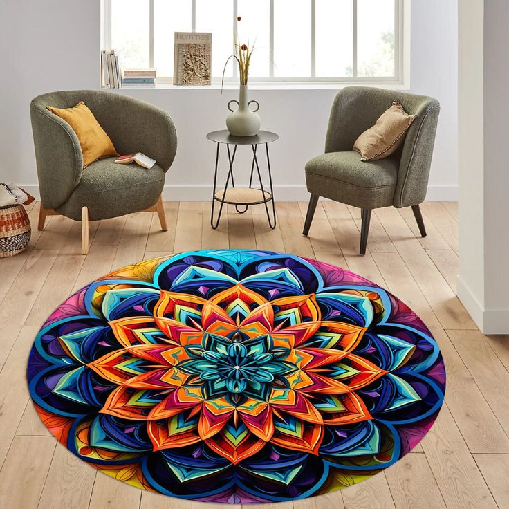 a colorful circular rug in the middle of a living room with two chairs and a table