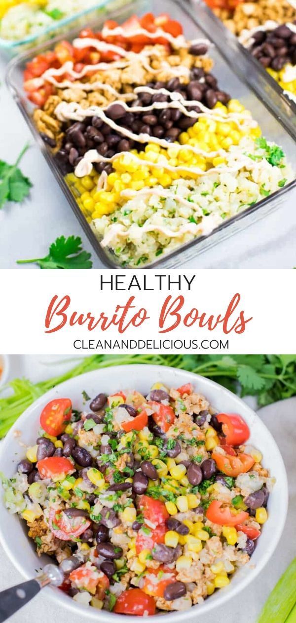 healthy burrito bowls with black beans, corn, tomatoes and cilantro in them