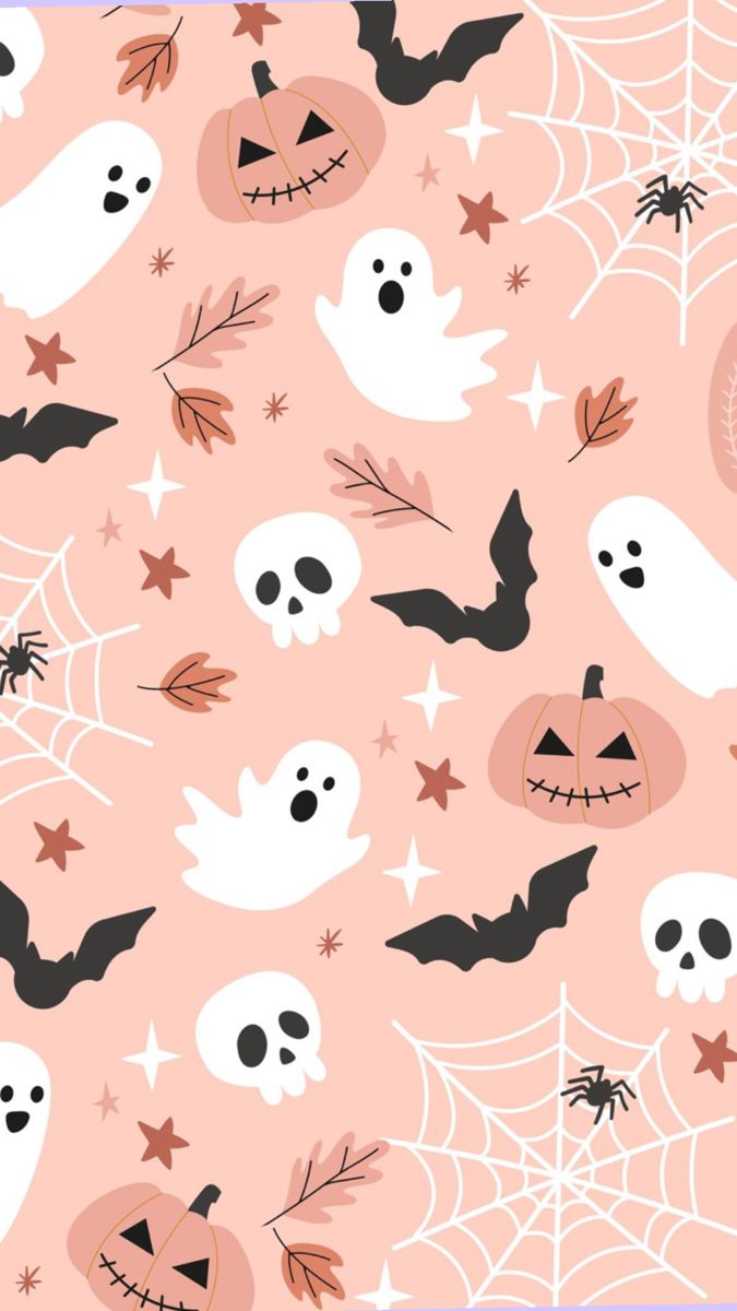 halloween seamless background with pumpkins, bats and ghost heads on pink backdrop in pastel colors