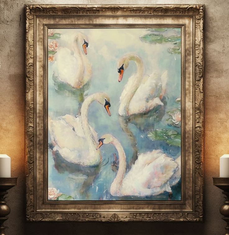 a painting of swans floating on water with candles in front of it and an ornate gold frame