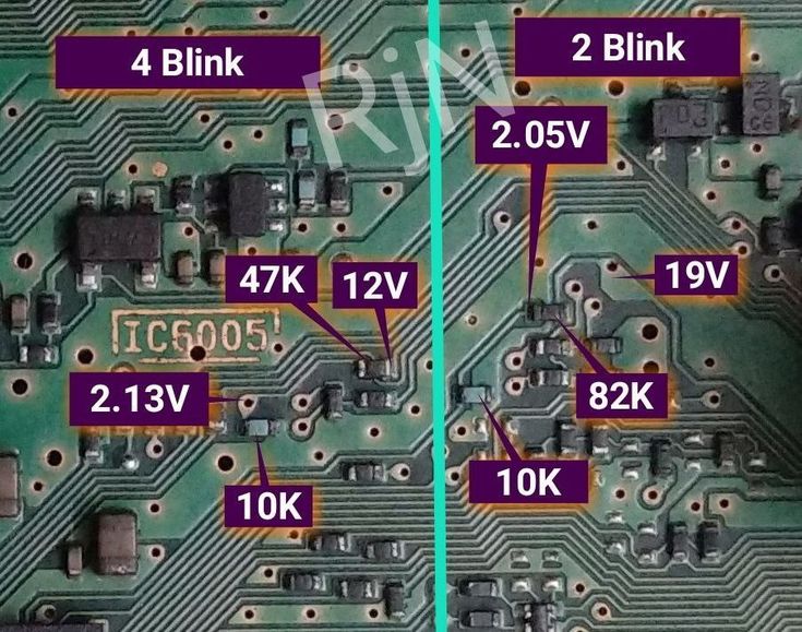 an electronic circuit board with various components labeled in purple and green text on the side