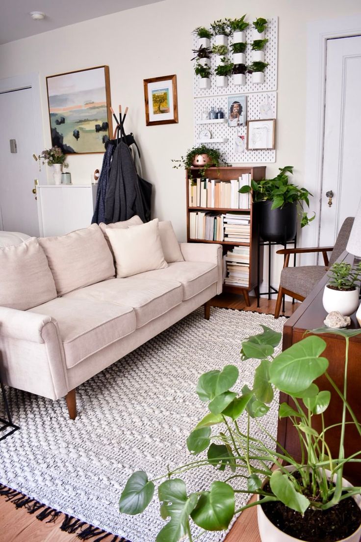 a living room filled with furniture and lots of plants on top of a rug in front of a window