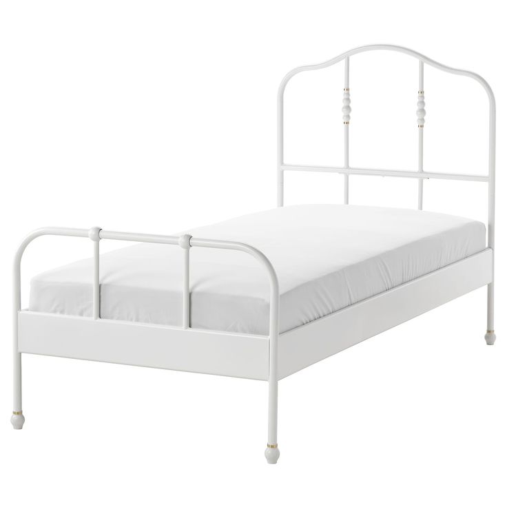 a white metal bed frame with no headboard and foot board on the bottom side