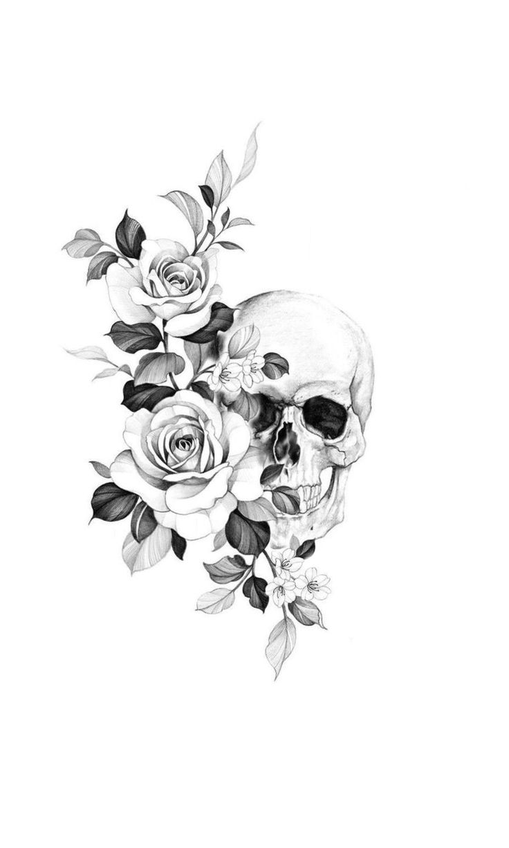 a black and white drawing of a skull with roses