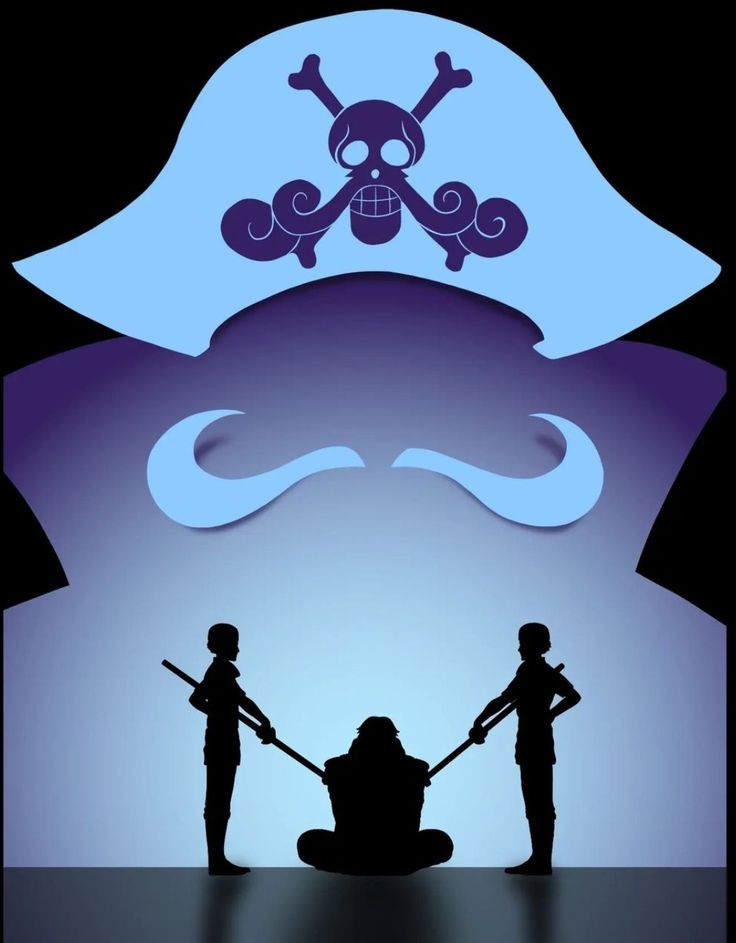 two people are standing in front of a skull and crossbones illustration on a black background