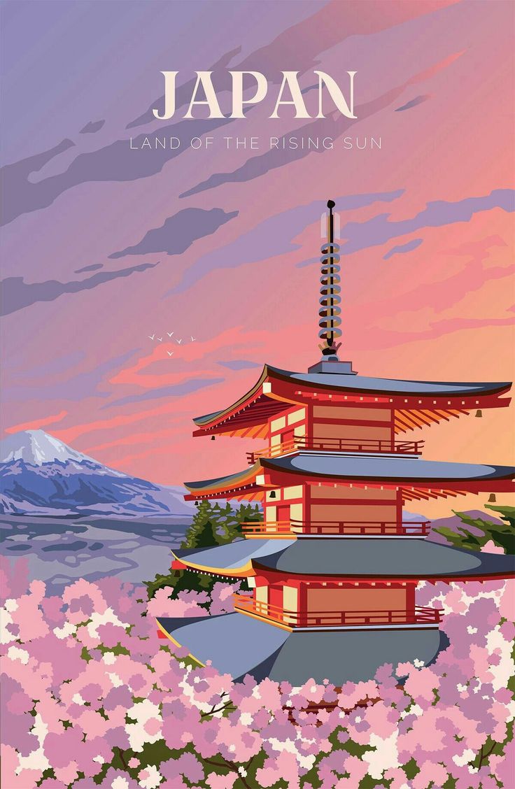 a poster with the words japan on it and flowers in front of a mountain range