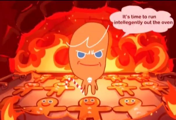 an animated cartoon character is surrounded by oranges and hot dogs, with the caption it's time to run intelligently out the oven