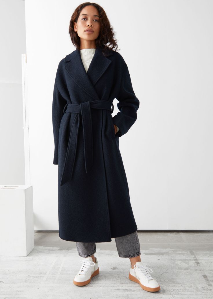 Other Stories Wool Coat, Navy Wrap Coat, Long Navy Wool Coat Outfit, Navy Wool Coat Outfit, Belted Coat Outfit, Long Wool Coat Outfit, Wrap Coat Outfit, Navy Coat Outfit, Black Wool Coat Women