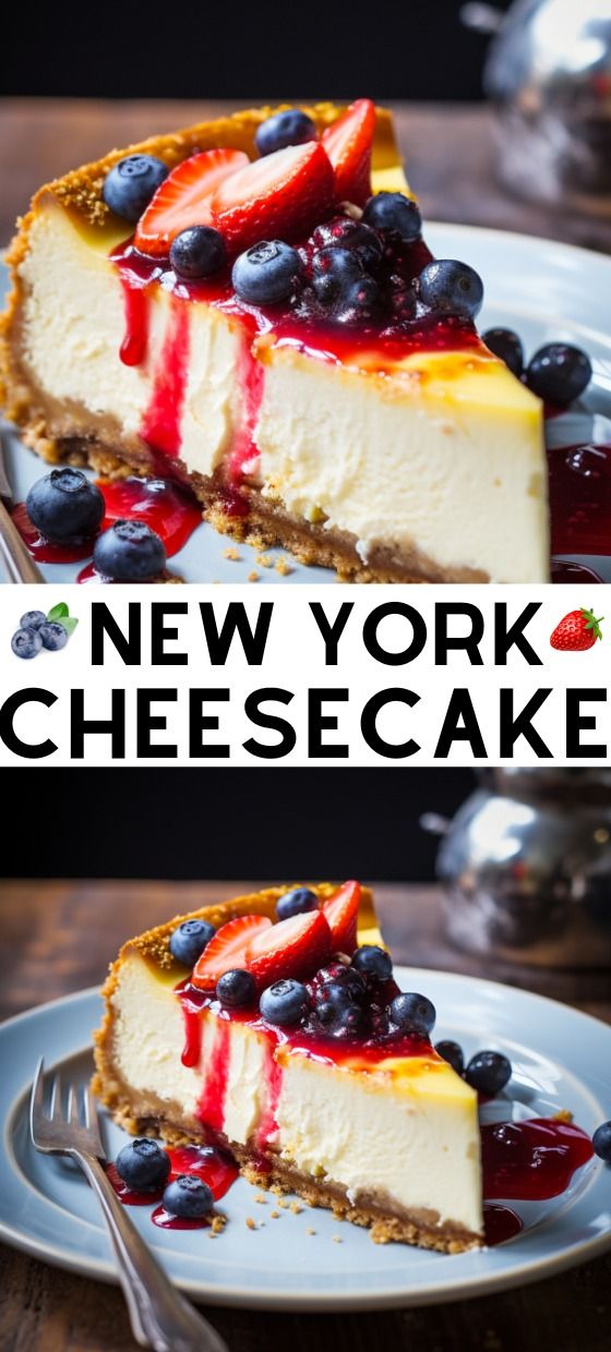 there is a slice of cheesecake with berries on top and the words new york cheesecake above it