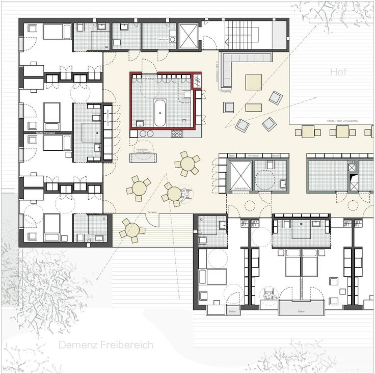 the floor plan for an office building with several rooms and two levels, including one bedroom