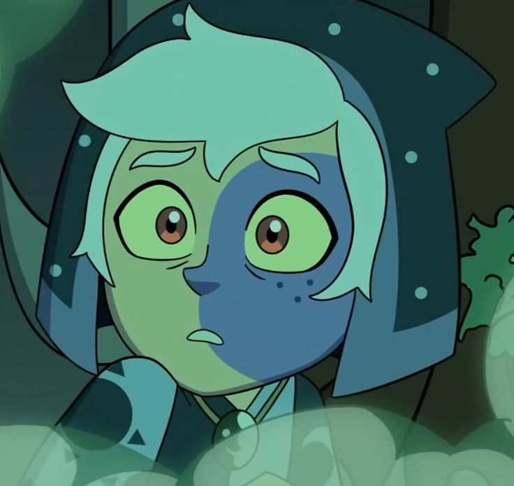 a cartoon character with blue hair and green eyes