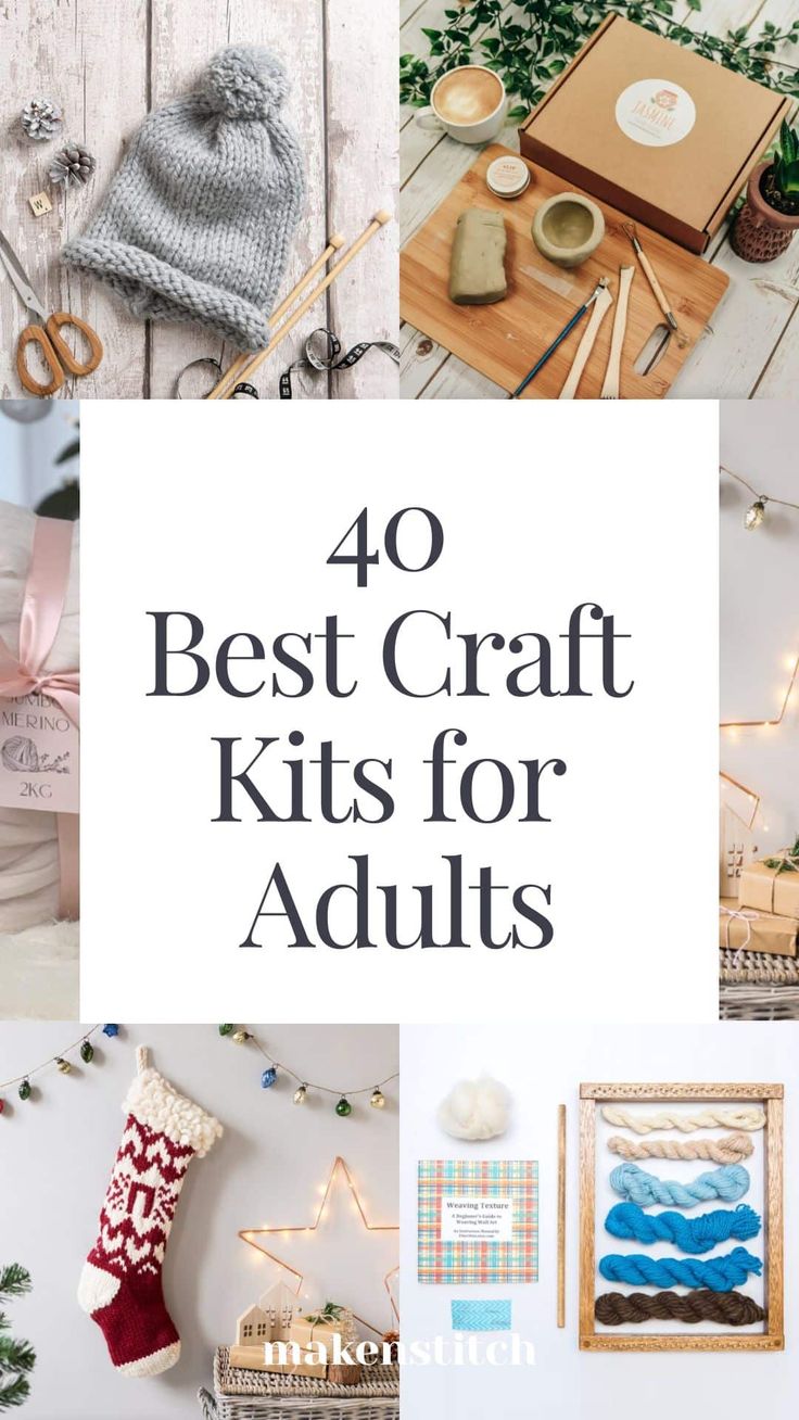 the words 40 best craft kits for adults are shown above pictures of knitted items