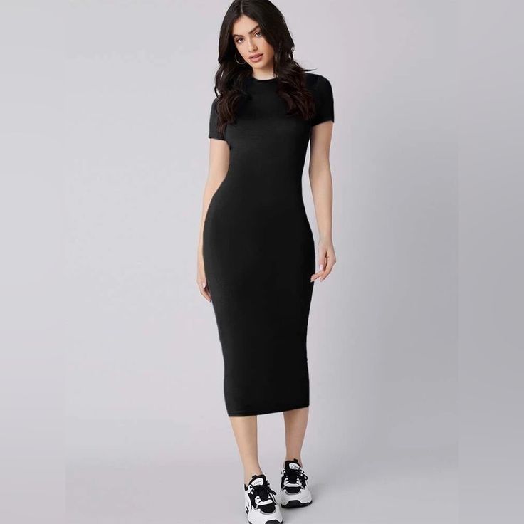 Short Sleeve, Great For Summer Travel, Walking Around The City, Can Be Dressed Up Or Down Black Bodycon Dress Outfit, Navy Blue Dress Casual, Black Plain Dress, Body Con Dress Outfit, Green Dress Casual, Pink Dress Casual, Shein Dress, Black Bodycon Dress, Women Long Dresses