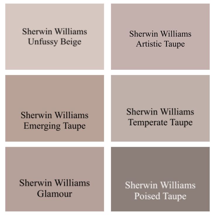 six different shades of paint with the names of them in white, brown and beige