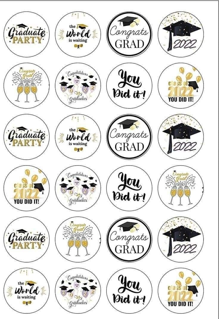 graduation stickers with the words congratulations and graduates in black, gold and white on them