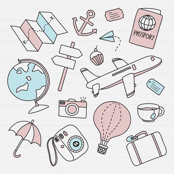 a bunch of travel related items on a piece of lined paper with lines in the background