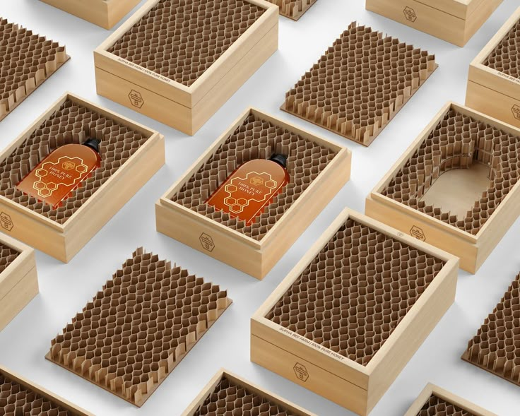 an array of wooden boxes filled with brown waffles