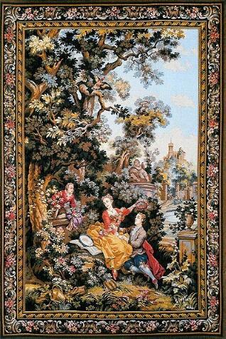 a tapestry with an image of people in the woods