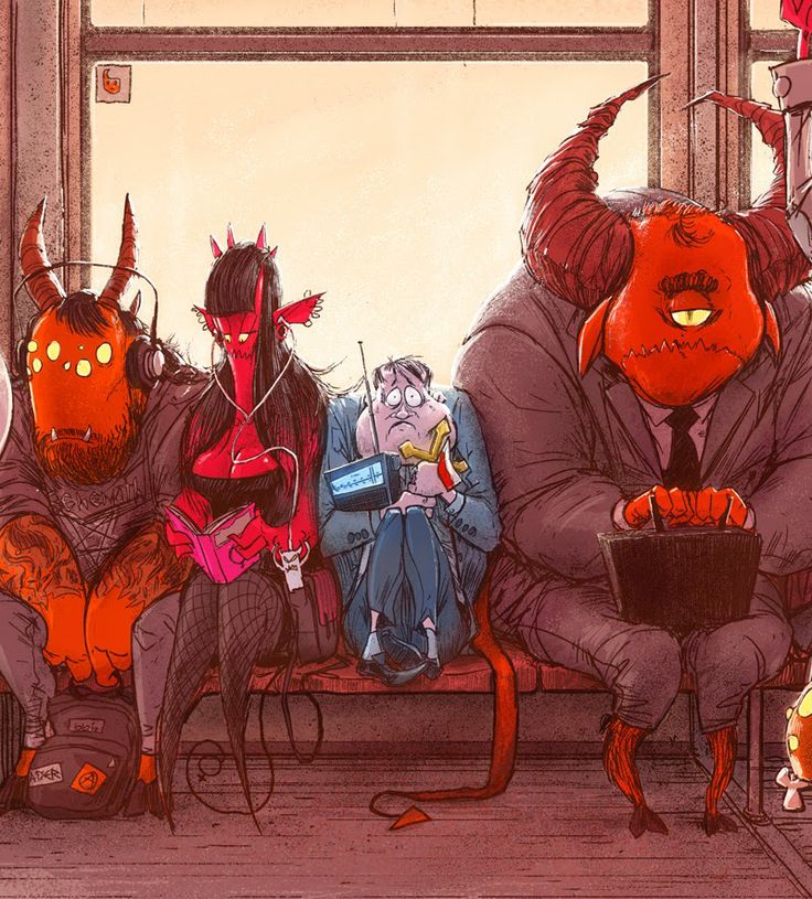 three people sitting on a bench with devil heads