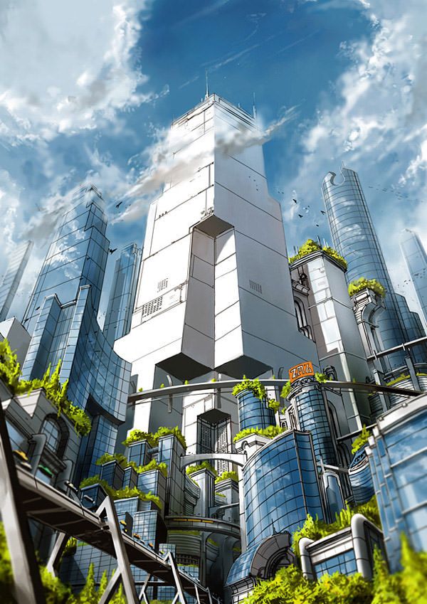 an image of a futuristic city with plants growing out of the building's windows