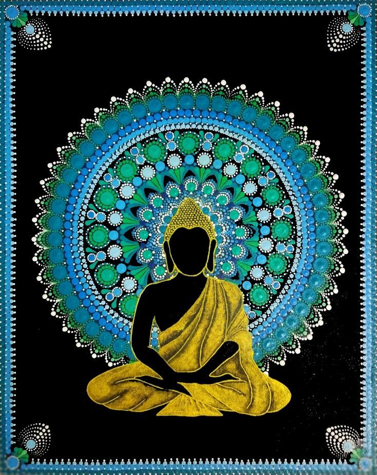 a painting of a buddha sitting in front of a blue and green circular design on a black background