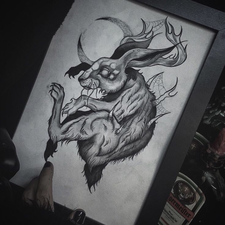 Rabbit With Horns Tattoo, Dark Rabbit Tattoo, Creepy Rabbit Tattoo, Creepy Bunny Tattoo, Creepy Rabbit Drawing, Jackalope Painting, Rabbit Horror, Horror Rabbit, Black Rabbit Tattoo