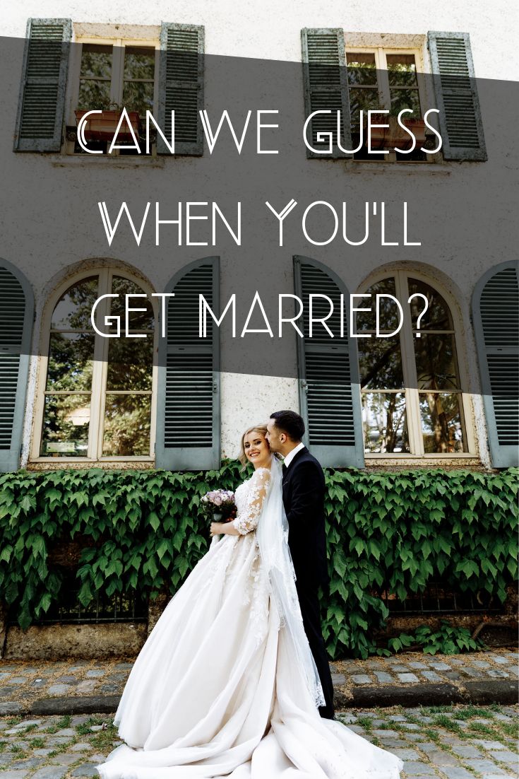 a bride and groom standing in front of a building with the words can we guess when you'll get married?