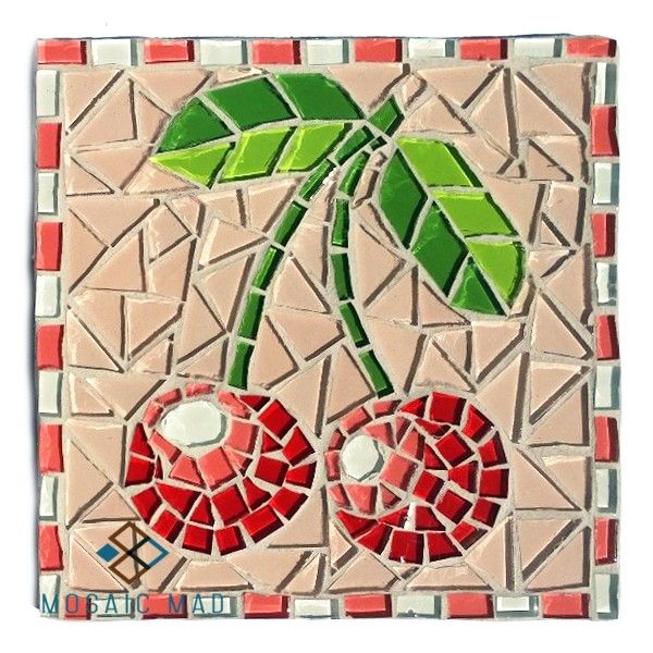 a mosaic tile with two cherries and leaves on the bottom, in red and green