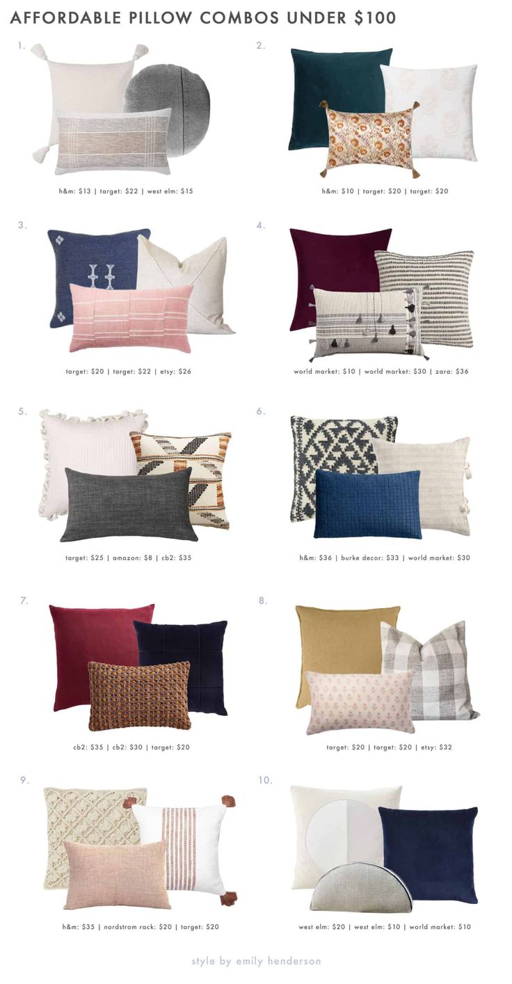 pillows with different colors and patterns on them, including the names of each pillow color