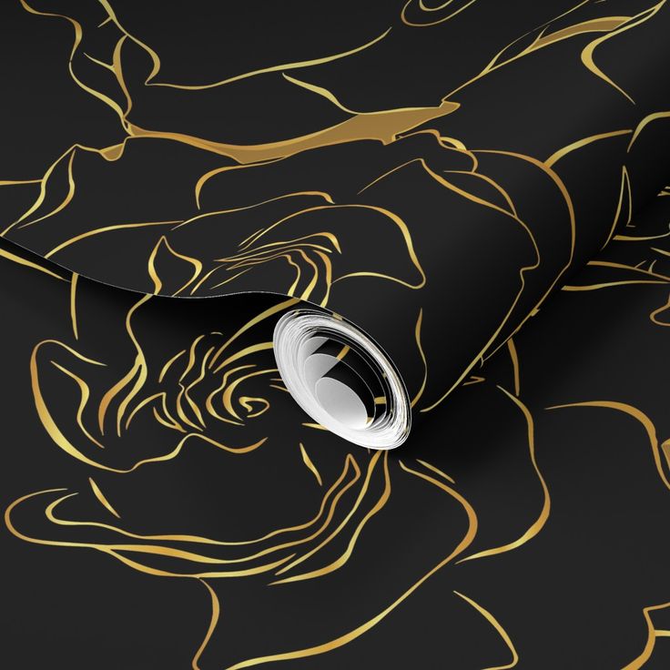 a black and gold wallpaper with an abstract design on it's surface,