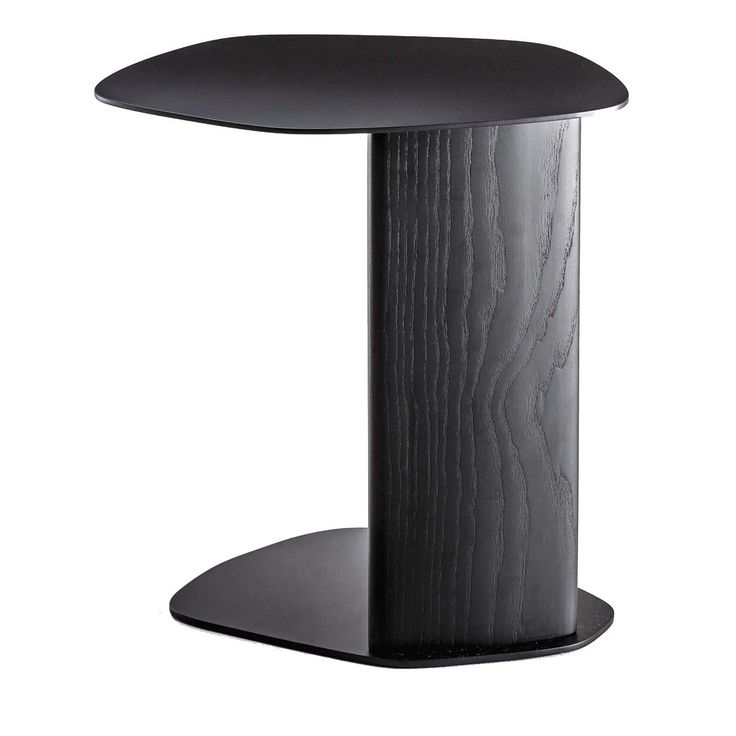 a black table with a wooden top and metal base on the bottom, against a white background