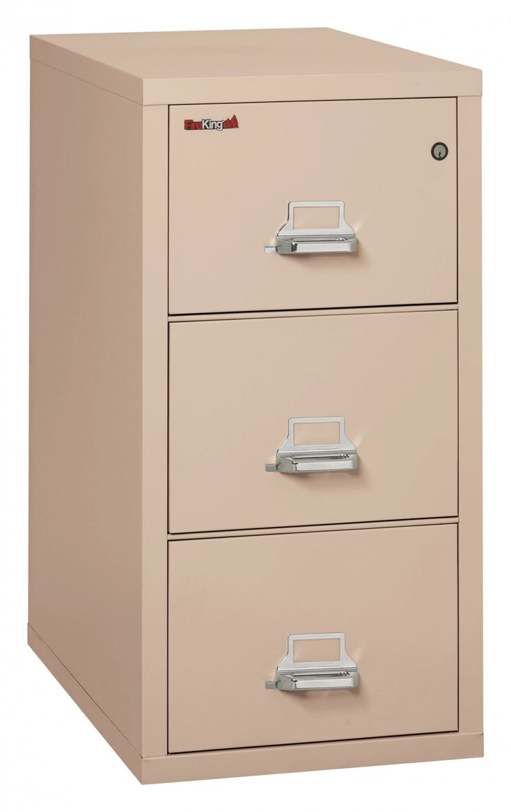 a three - drawer file cabinet with two locks on the front and one door open