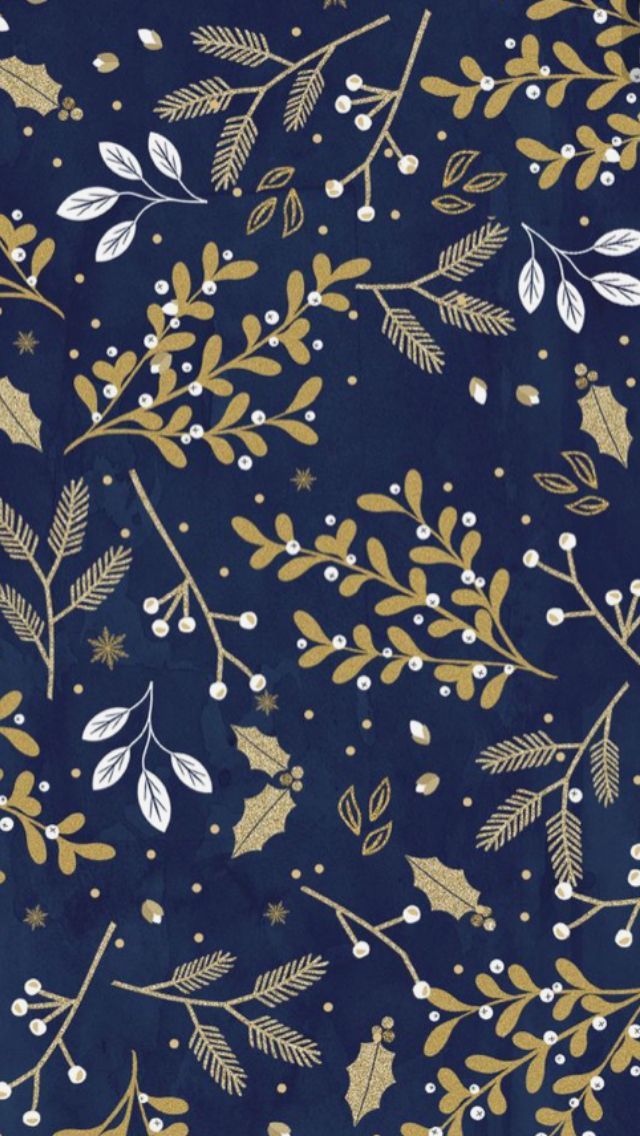 a blue background with gold and white leaves, berries and snowflakes on it