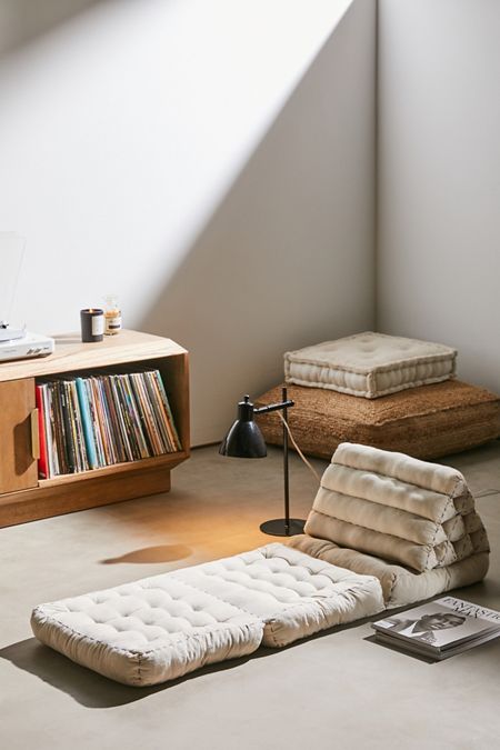 a living room with a couch, bookshelf and other items on the floor