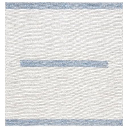 a blue and white rug with two horizontal lines on the bottom, in front of a white background