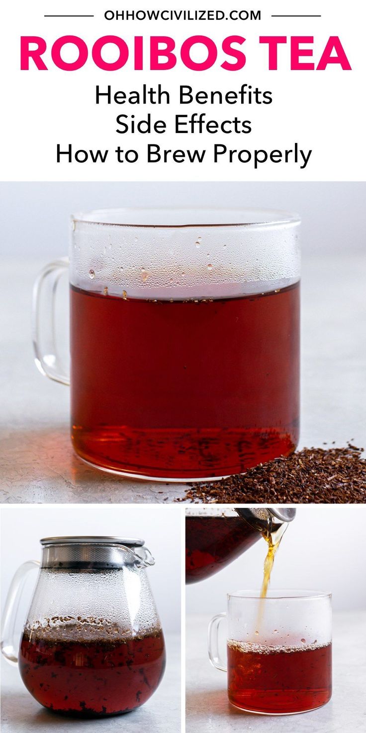 a pitcher filled with red liquid next to a cup full of tea and the words rooibostea health benefits side effects how to brew properly