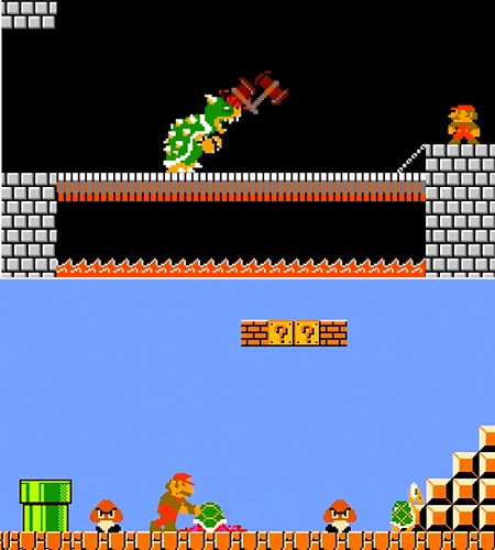 an old - school video game with mario running across the bridge and another character in action