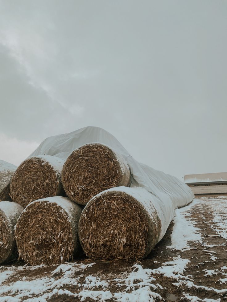 hay bales piled on top of each other in the snow