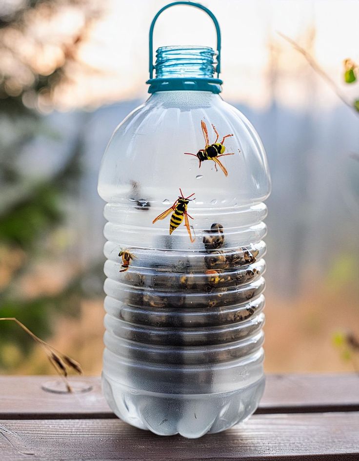 two bees are sitting on top of three large plastic water bottles that have been filled with food