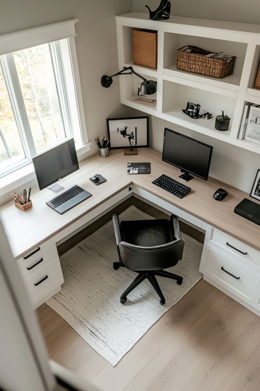 a home office area with desk, computer and bookshelf