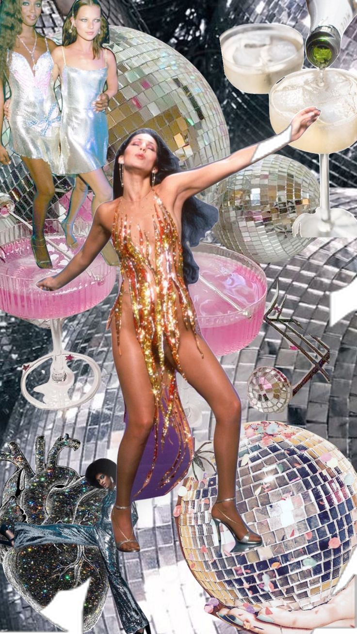 a woman standing in front of disco balls with her arms out and legs spread wide