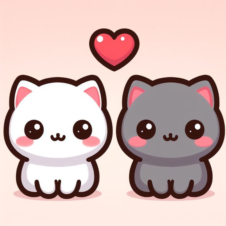 two cats sitting next to each other with a heart above their heads on a pink background