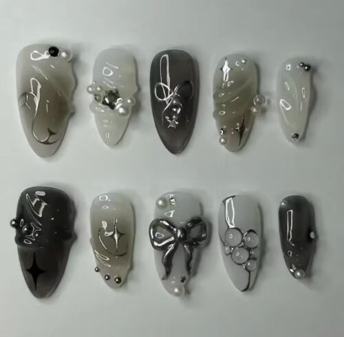 24pcs Almond Shape press on nails handmade  | eBay Handmade Press On Nails, Goth Gel Nails, Press On Nails Aesthetic, Idol Nails, Almond Press On Nails, Nail Aesthetic, Nails 3d, November Nails, Valentine Nails