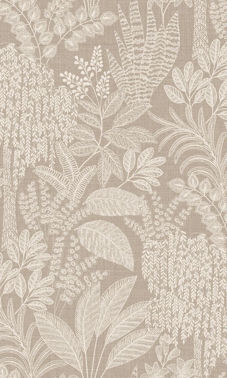 a beige and white wallpaper with leaves